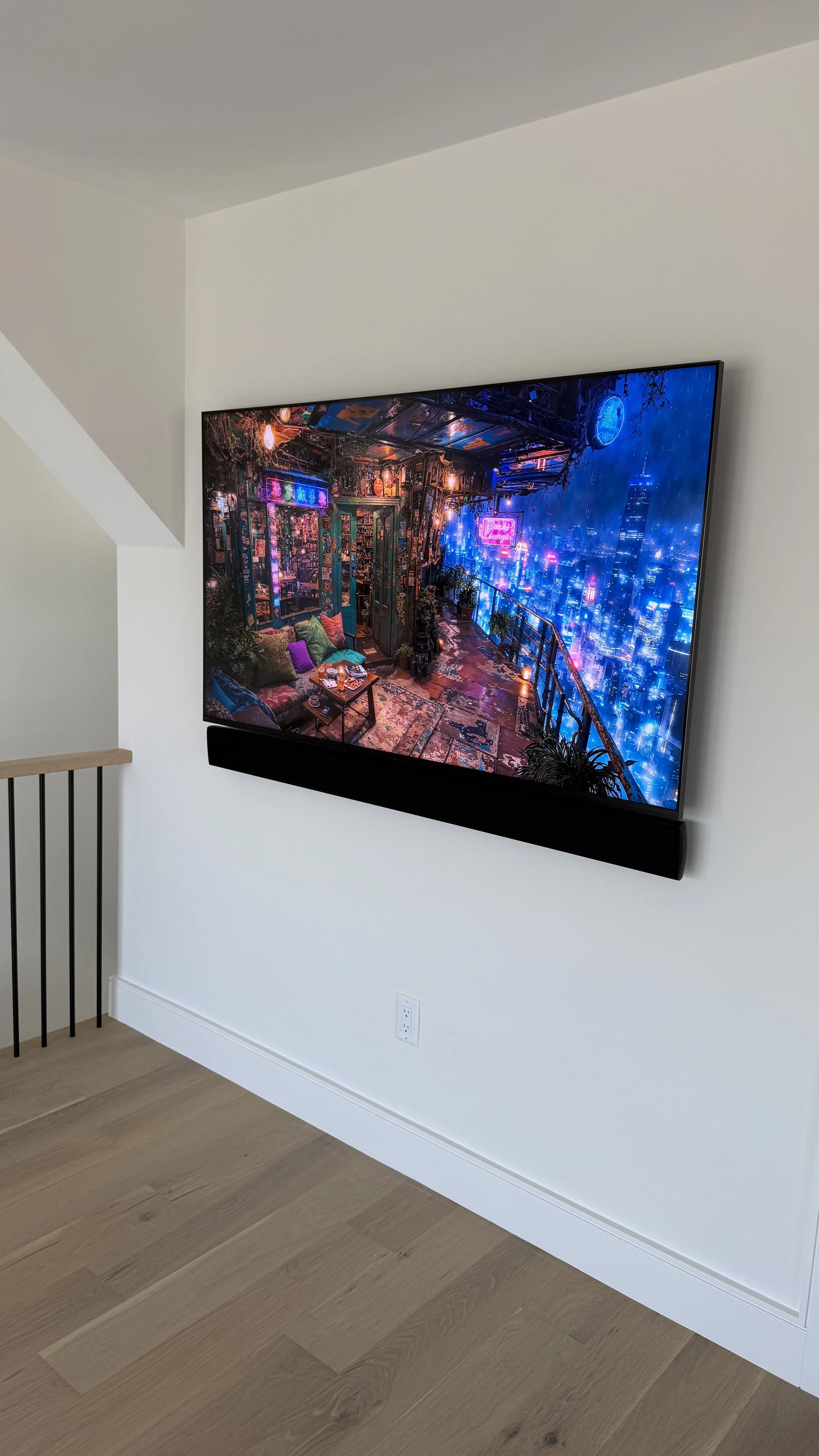 Sony 65" Bravia 7 TV with  Soundbar and yamaha musiccast with neon lights and a balcony with plants. scituate, MA