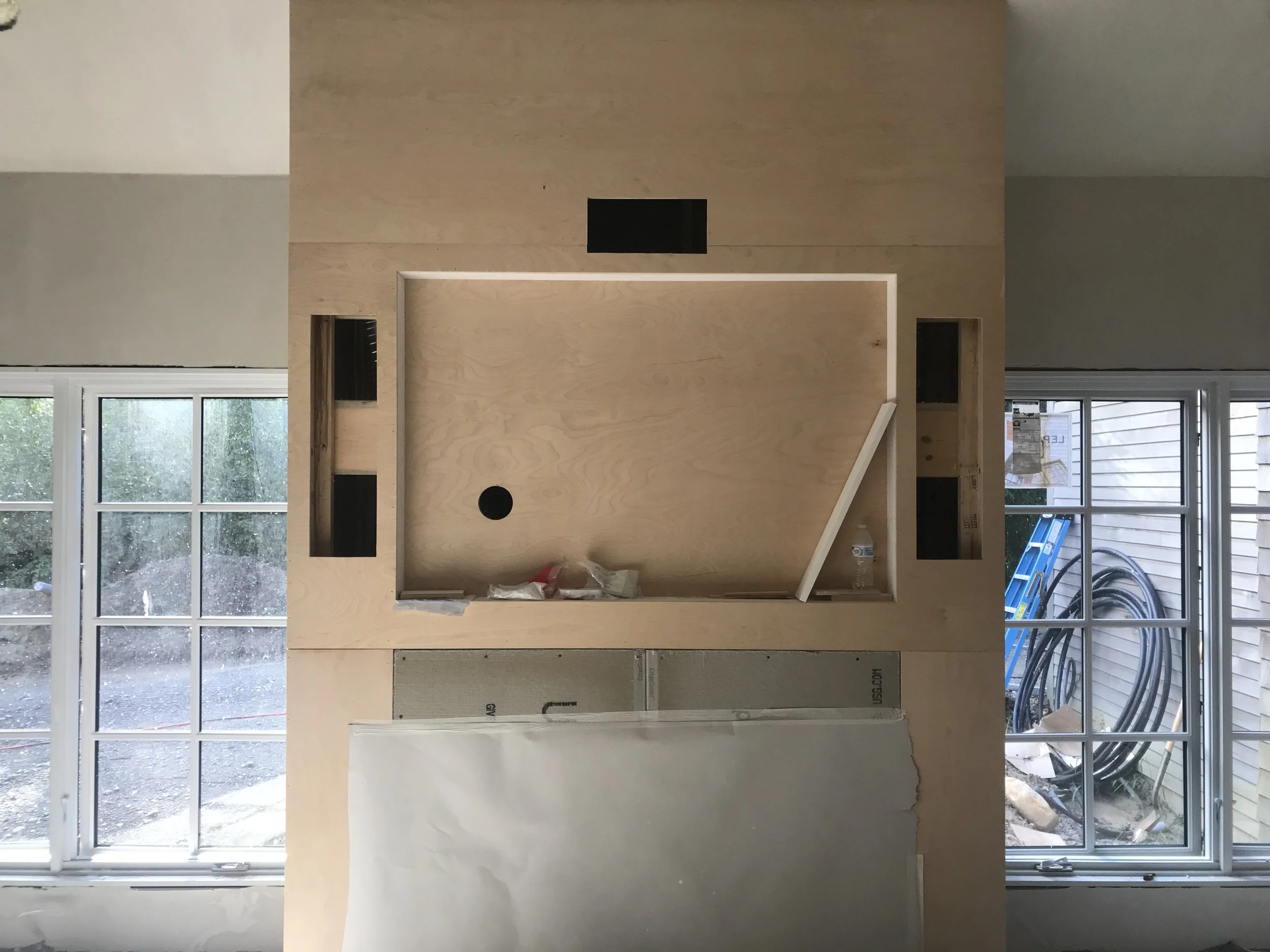 Recessed TV framing. Sized for a Sony 65" XBR Z series. Openings are sized for OriginAcoustics THT theater speakers. Duxbury, MA