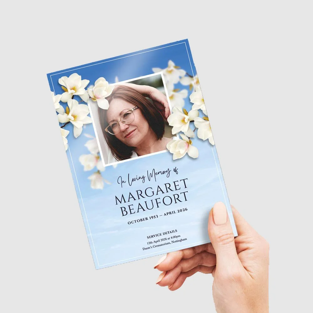 Funeral program booklet with a flower border and a photo of a woman, in memory of Margaret Beaufort, with service details at the bottom.