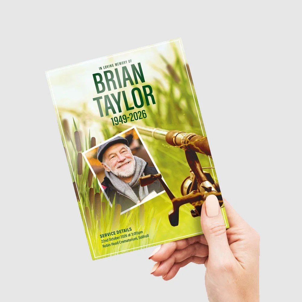 A memorial funeral order of service  program for Brian Taylor with a green nature background, a photo of an elderly smiling man, and a bicycle. The service details are at the bottom.