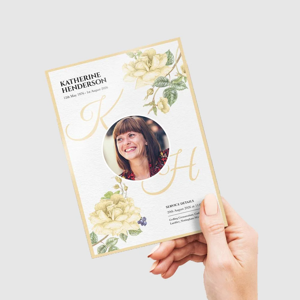 Funeral order of service  program for Katherine Henderson with floral design, a photo of her smiling, and service details.