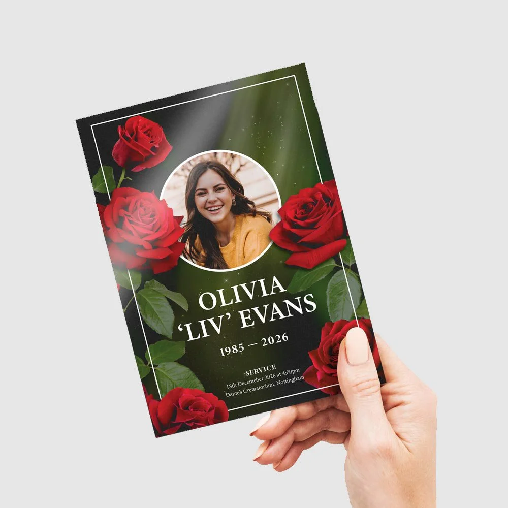 Memorial funeral order of service program with red roses, a photo of Olivia 'Liv' Evans, and details of her service at Dante's Crematorium in Nottingham.