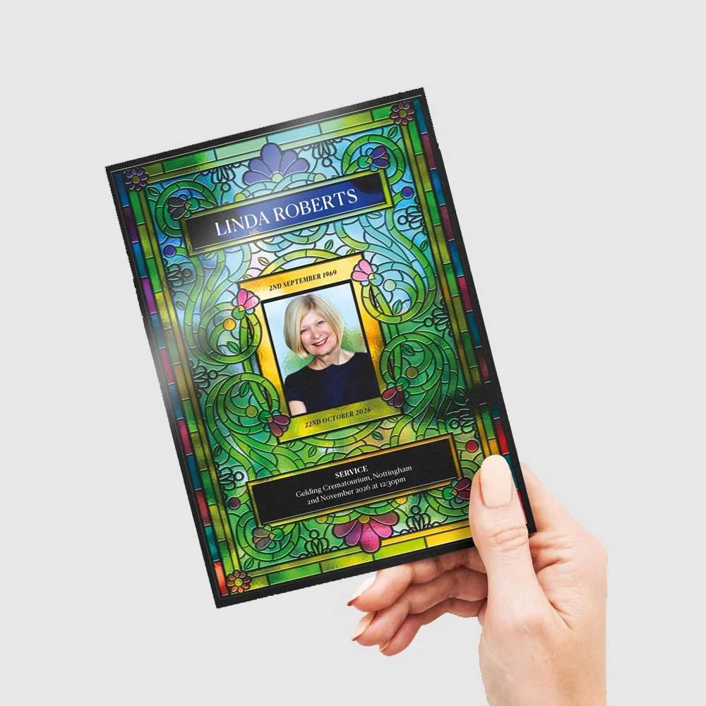 Colorful stained glass style funeral order of service with a photo of a smiling woman, mentioning her name Linda Roberts, her birthdate September 2, 1969, death date October 22, 2026, and service details.