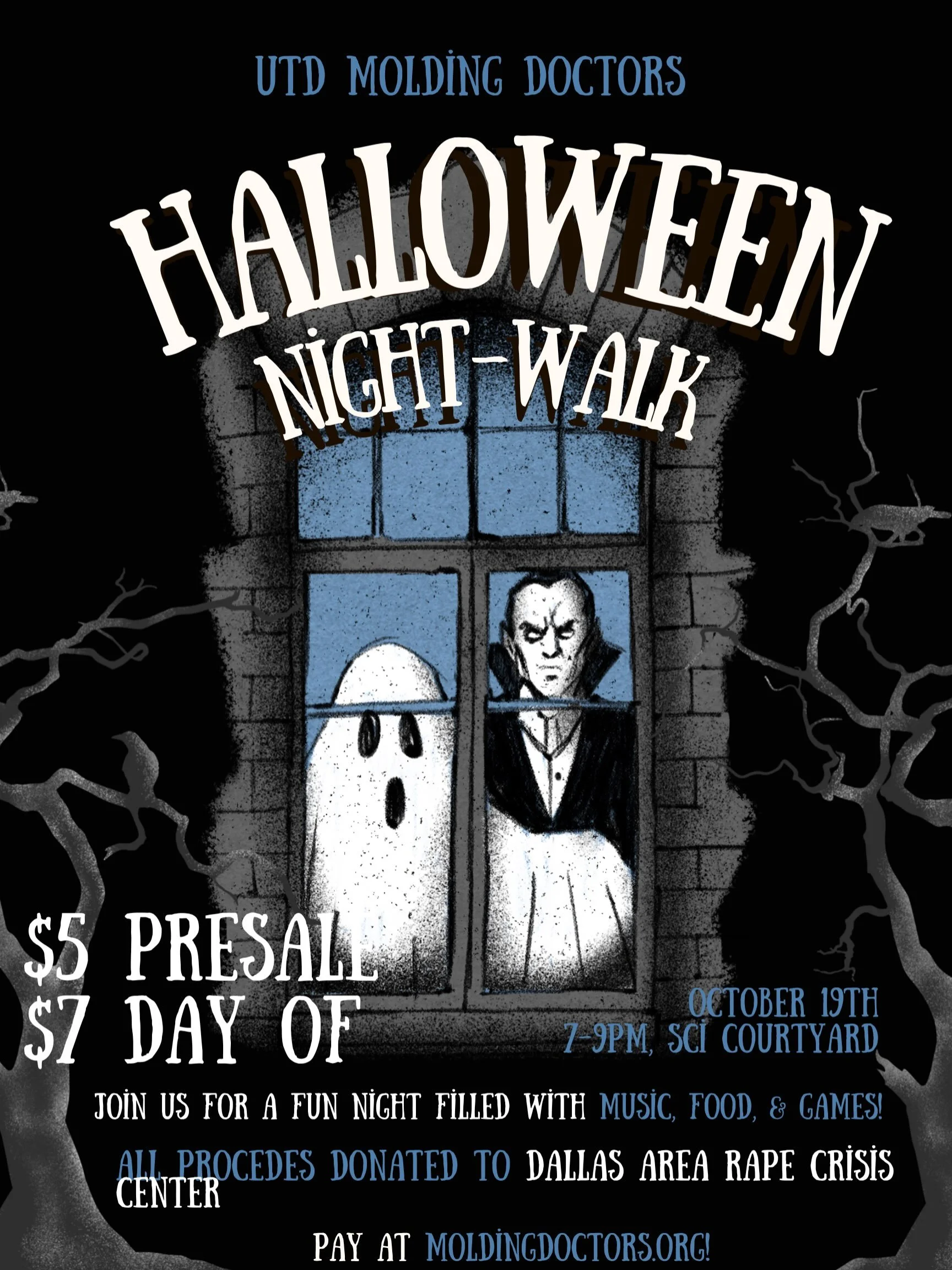 What better way to take a break from midterms and get in the Halloween spirit, than joining us for the Molding Doctor's Fundraising Committee's 5th Annual Nightwalk! It's on Monday, October 19th in the Science Courtyard from 7-9 PM. Come experience o
