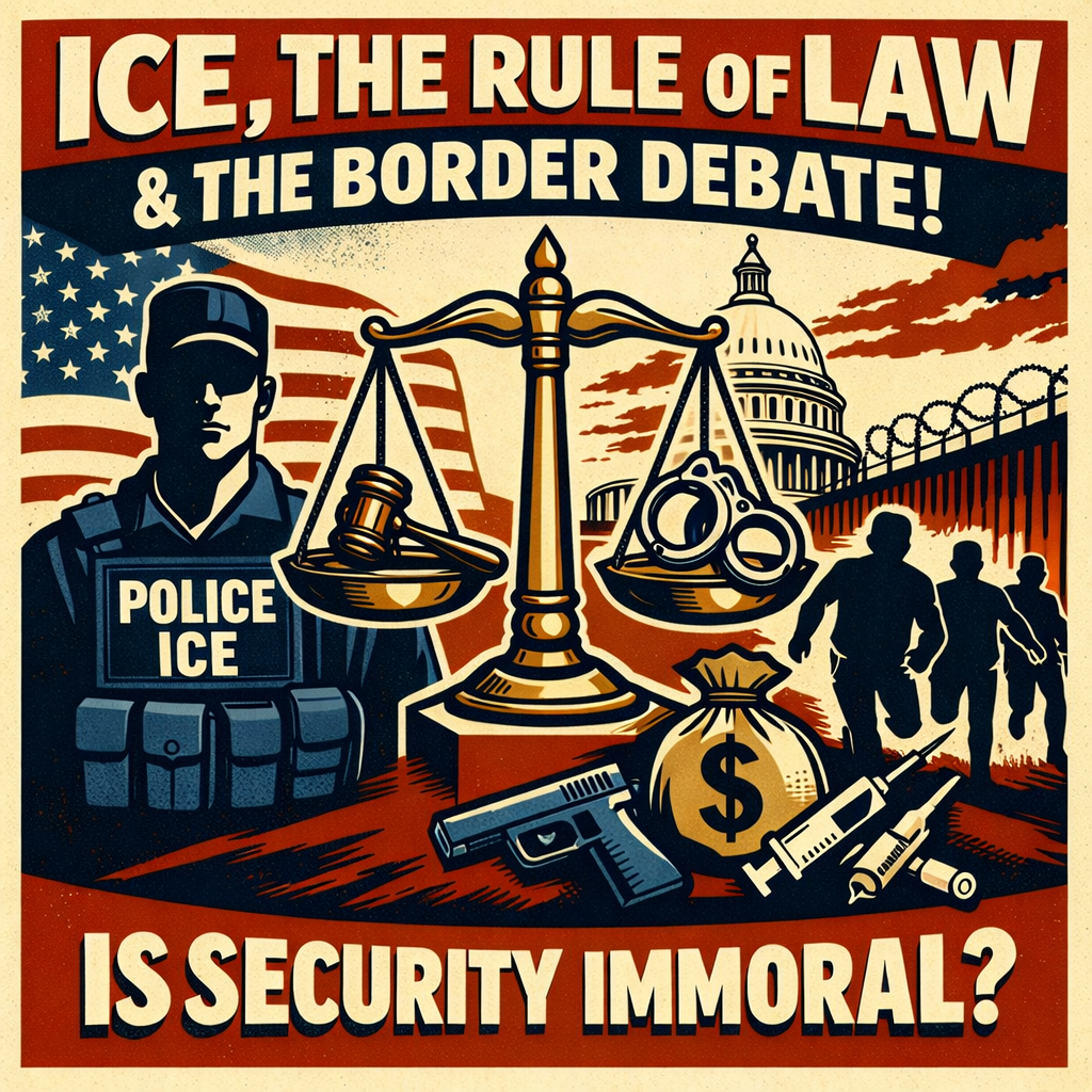 Illustrated image symbolizing ICE enforcement and the rule of law, with bold conservative commentary on immigration and border security.
