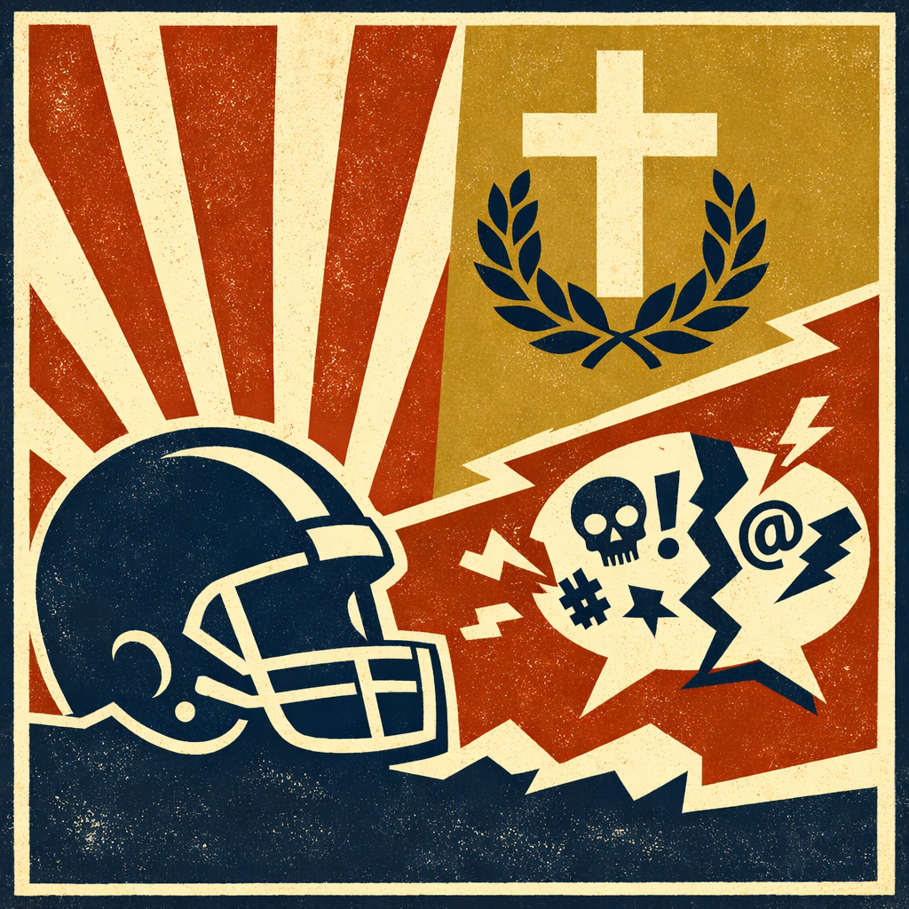 Illustrated portrait of legendary Notre Dame coach Lou Holtz with bold editorial elements representing social media outrage, symbolizing the politicization of public figures even after death.