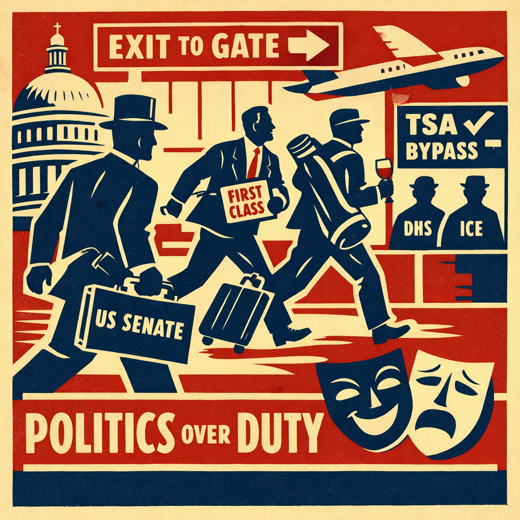 Illustration of U.S. senators rushing through an airport after a vote, symbolizing political theater and lack of accountability in Washington.