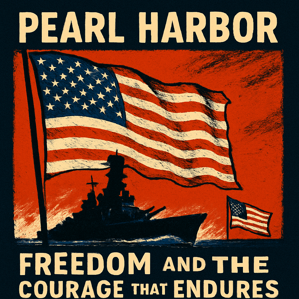 Illustrated scene featuring a symbolic Pearl Harbor remembrance with American flags and a naval silhouette, representing courage, sacrifice, and the defense of freedom.
