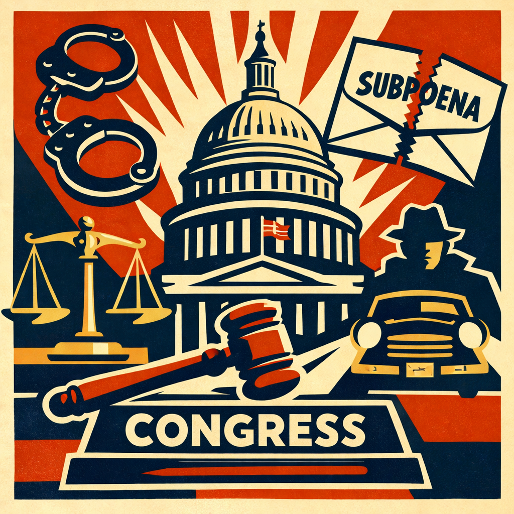 Illustrated image of the U.S. Capitol with symbolic figures representing political accountability, highlighting questions of equal justice and congressional oversight involving the Clintons.