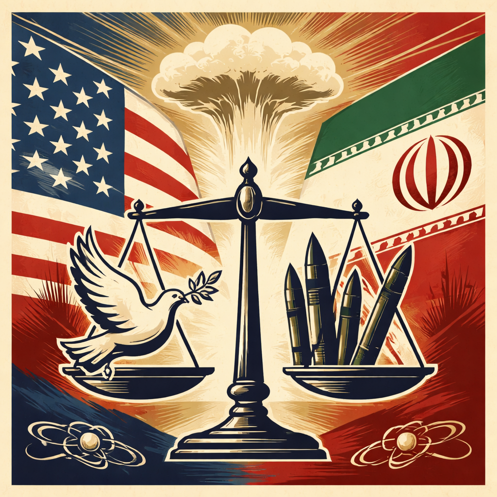 Abstract geopolitical illustration, no humans, featuring opposing symbols of USA and Iran, nuclear symbol, missiles, balance scale representing peace vs conflict, dark background, dramatic lighting, clean modern style, high contrast, square 1:1