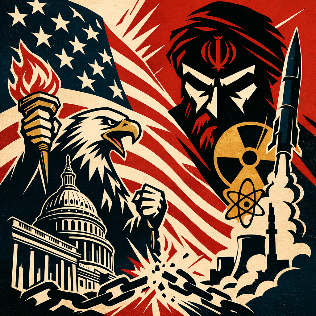 Illustrated image showing the Iranian regime looming in the background while American political figures argue in the foreground, symbolizing the tension between national security threats and partisan politics.