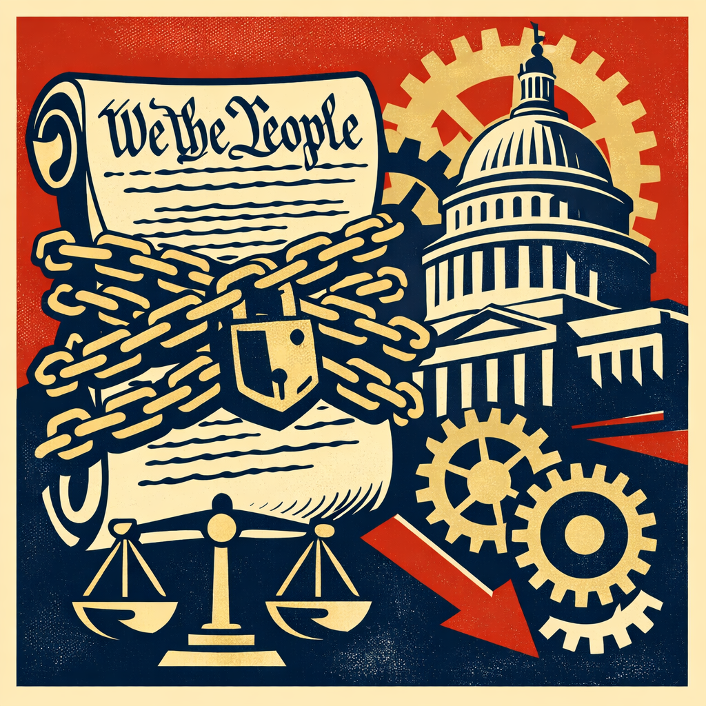 Illustration of the U.S. Constitution restraining government power with chains and gears symbolizing checks and balances and limited government principles.