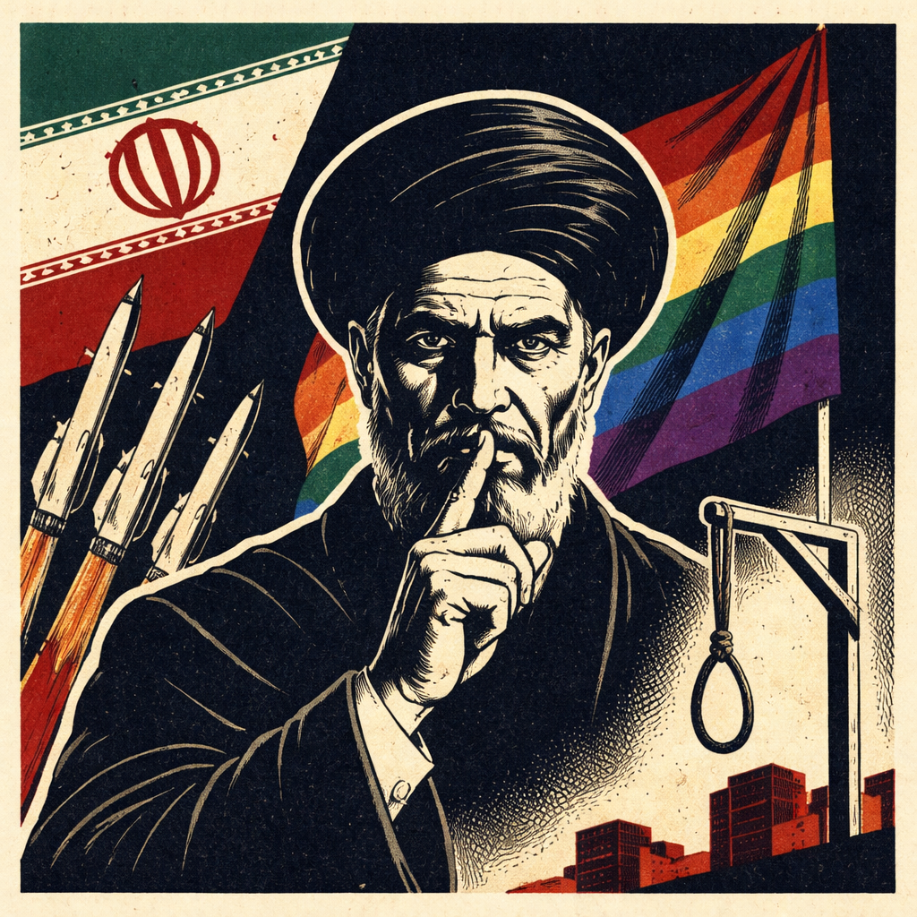 Illustrated depiction of Iran’s leadership with symbolic imagery highlighting irony and contradiction within a strict regime, reflecting political commentary on power and perception.