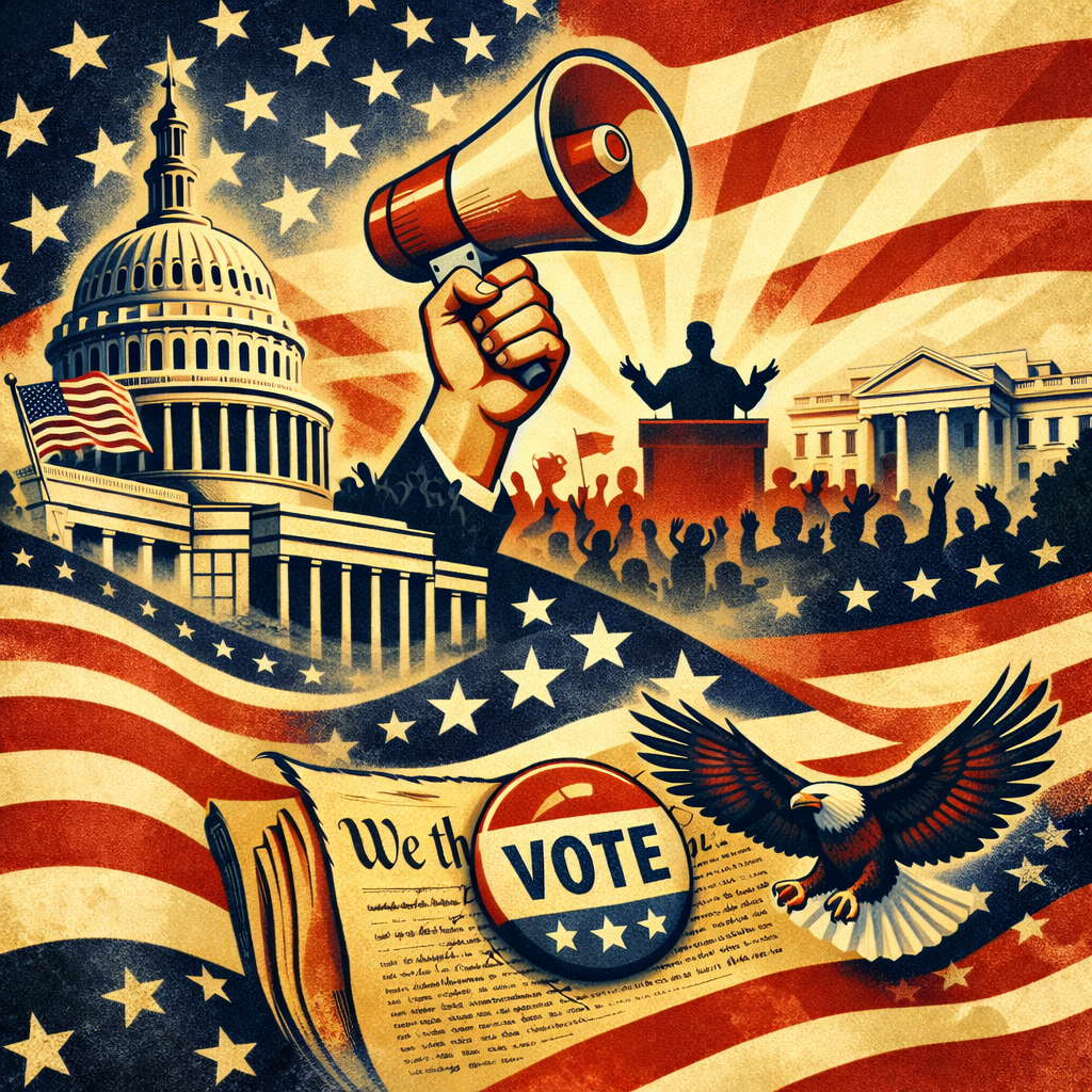 Illustrated artwork showing Americans engaging in meaningful conversation, symbolizing how one voice and shared truth can influence the future of the nation.