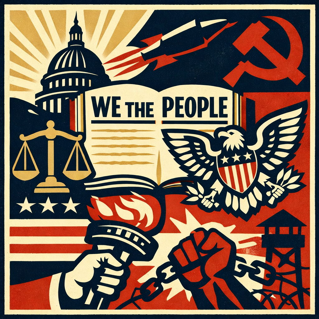 A 1:1 square graphic featuring the U.S. Constitution, a glowing cross silhouette behind the Capitol dome, and a vintage microphone in the foreground with warm dramatic lighting — symbolizing faith, liberty, and political debate in America.