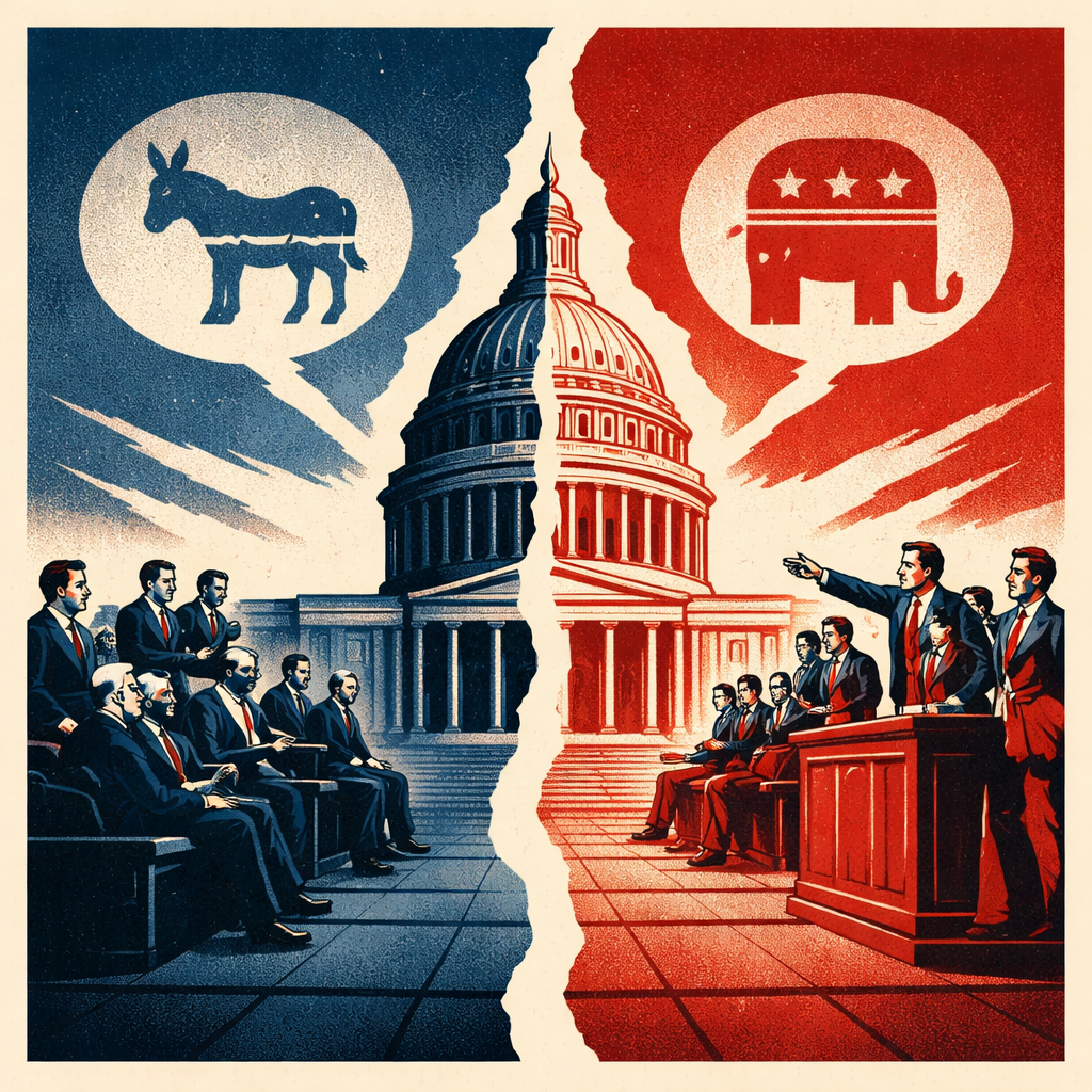 Illustration of the U.S. Capitol split between passive and assertive lawmakers, symbolizing the debate over DHS funding and the filibuster.