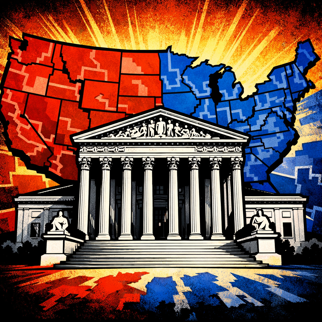 Illustrated image of the U.S. Supreme Court over a congressional map symbolizing how a redistricting ruling could impact the 2026 midterm elections.