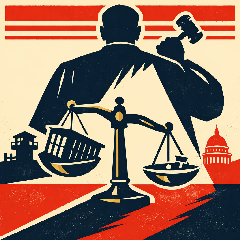 Illustration of a judge casting a shadow over tilted scales of justice, representing unequal sentencing and concerns about judicial overreach.