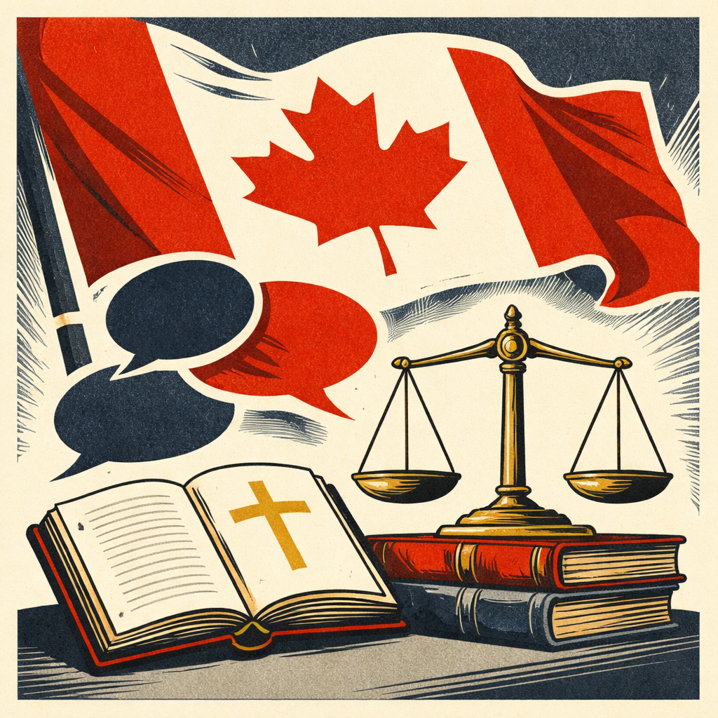 Abstract image of a Bible, scales of justice, and speech bubbles representing free speech, religious liberty, and legal tension in Canada.