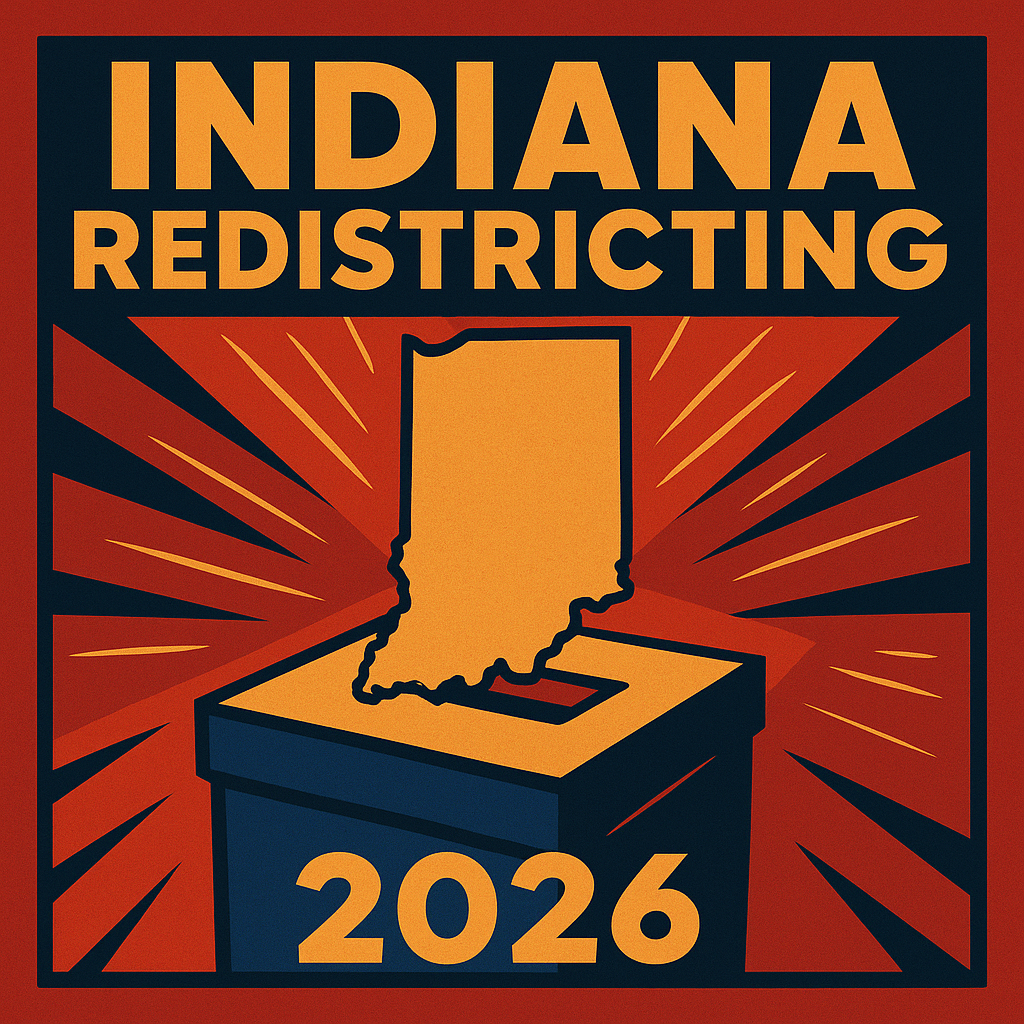 An illustrated graphic of Indiana’s state outline with highlighted legislative districts, representing the redistricting debate and its impact on conservative leadership heading into 2026.