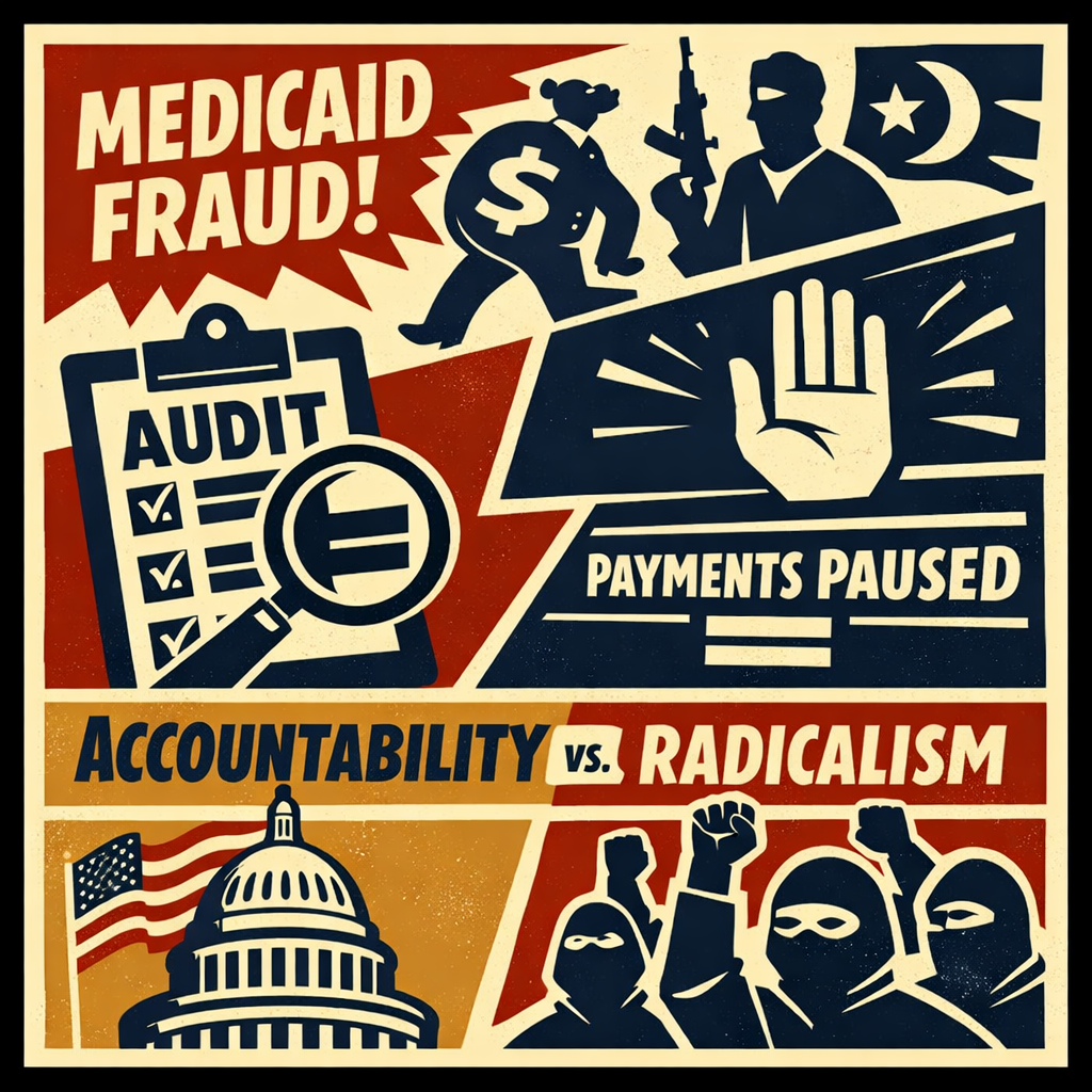 Illustrated political artwork showing Ilhan Omar with headlines referencing Medicaid fraud and government audits, symbolizing accountability versus radical ideology in conservative commentary.