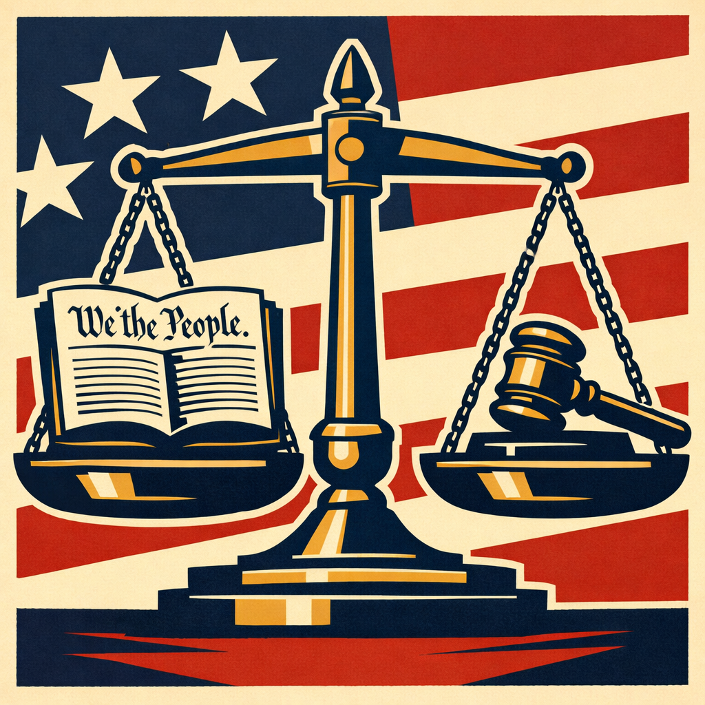 Symbolic image showing balance between law, liberty, and government power with Constitution and gavel, representing role of limited government
