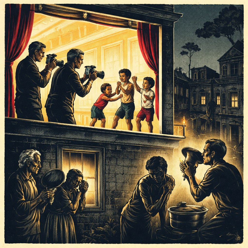 Illustration of activists filming staged happy scenes in a lit building while the rest of Cuba sits in darkness, symbolizing propaganda versus reality.