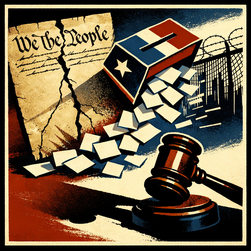 Symbolic illustration of a cracked U.S. Constitution, a tilted ballot box spilling votes, a dissolving border fence, and a judge’s gavel, representing lawlessness, election integrity, and constitutional order in America.