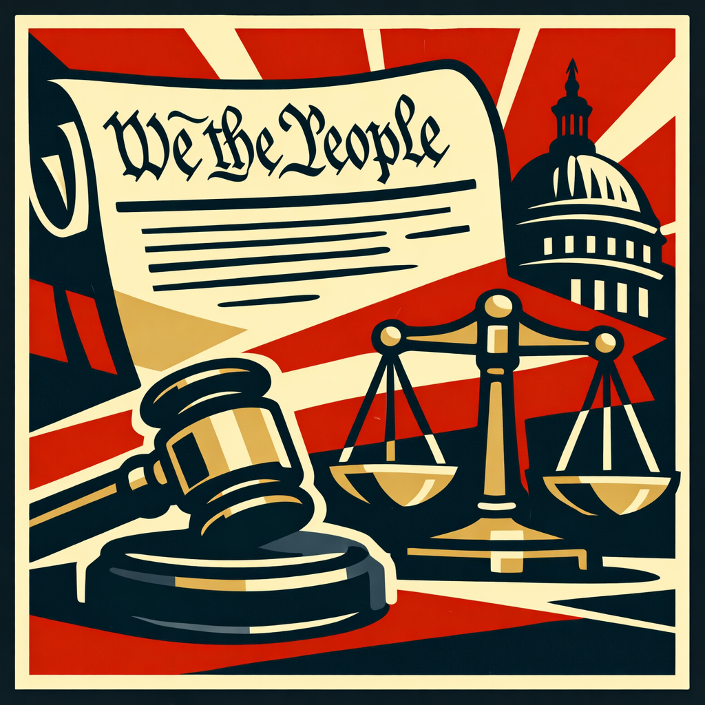 Symbolic illustration of the U.S. Constitution with a gavel and scales of justice representing law enforcement, the rule of law, and constitutional authority in America.