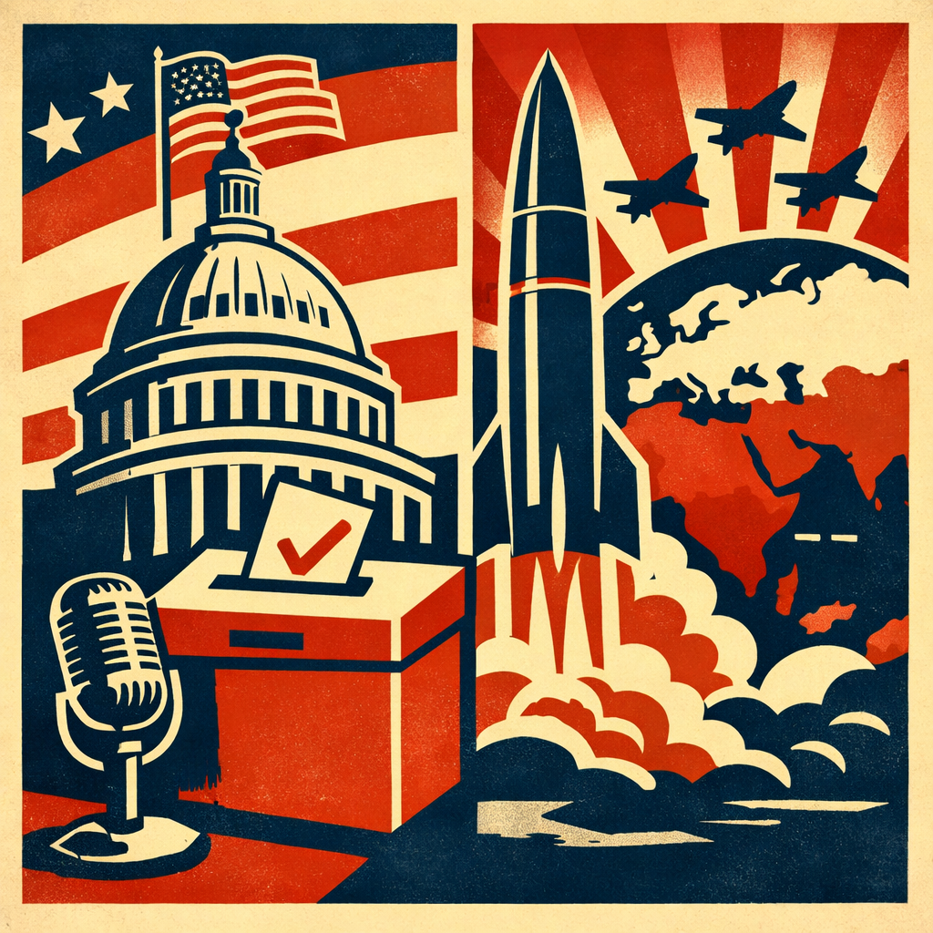 Symbolic graphic showing the U.S. Capitol, ballot box, and global conflict imagery representing political gridlock in Washington during international tensions.