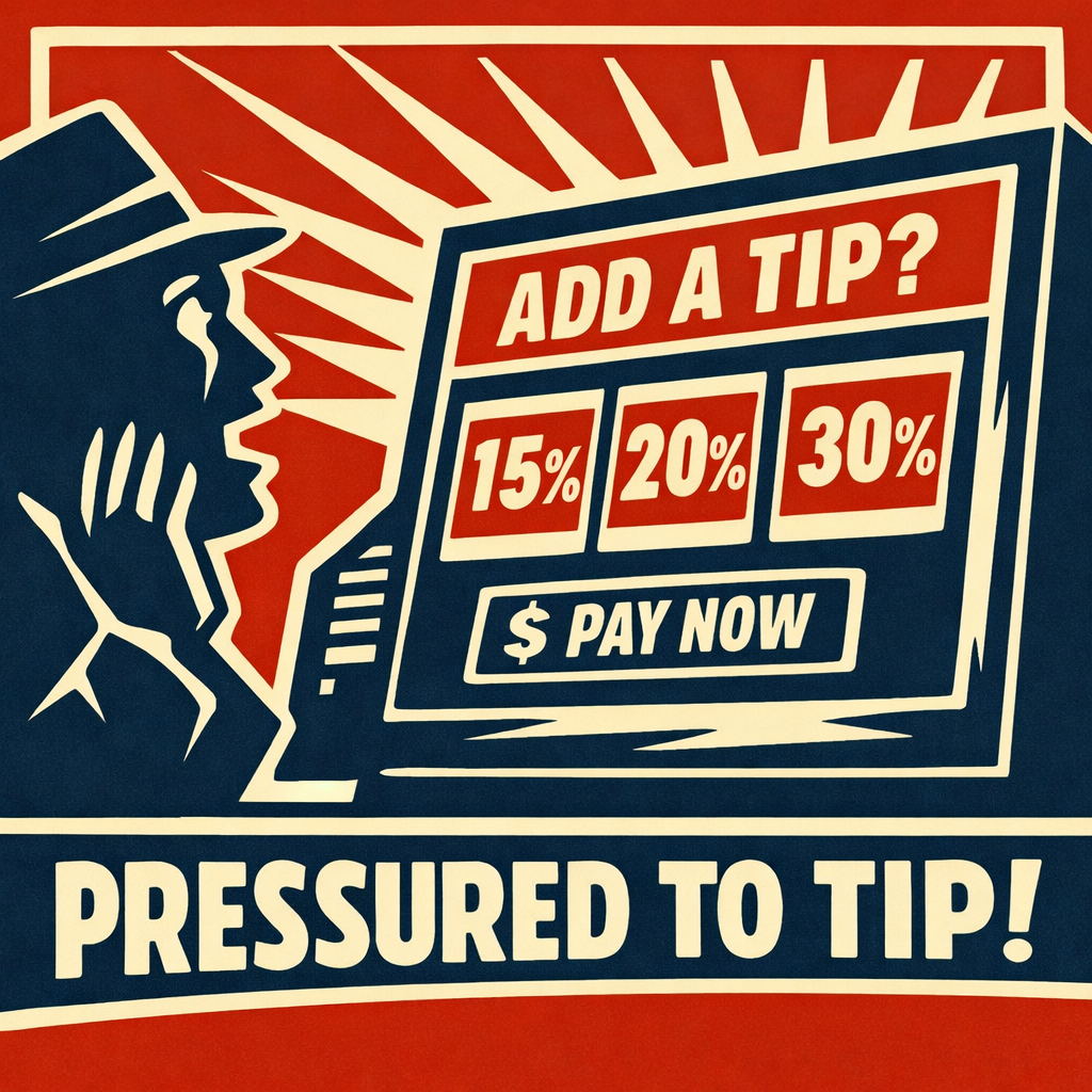 Illustration of a customer reacting to a digital payment screen prompting high tipping percentages, highlighting the growing pressure of modern tipping culture.