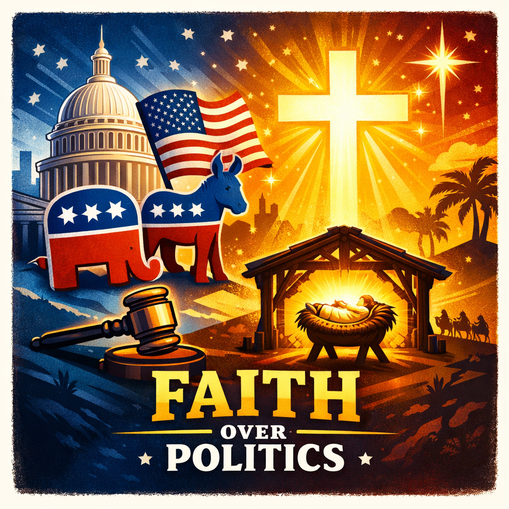 Illustrated Christmas-themed artwork showing a glowing cross or manger contrasted with political symbols, representing faith taking priority over politics during the Christmas season.
