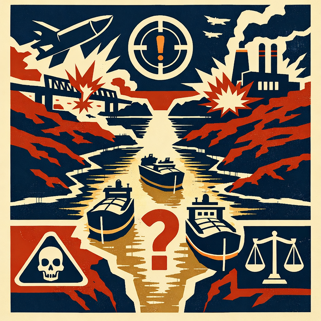 Abstract depiction of the Strait of Hormuz with oil tankers, warning symbols, and tension-filled atmosphere representing US-Iran conflict and war crime debate.
