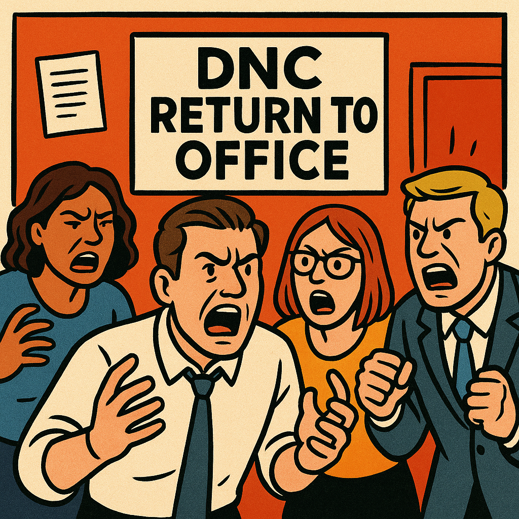 An illustrated scene of frustrated DNC staff reacting to a return-to-office announcement, symbolizing workplace tension and political culture.