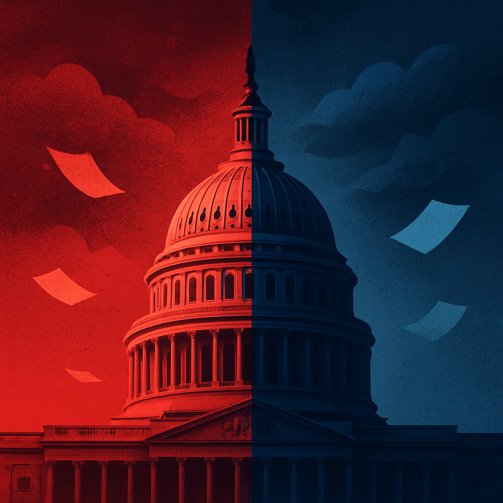 Symbolic illustration of the U.S. Capitol dome under tension with split red and blue lighting, representing political division and the government shutdown debate.