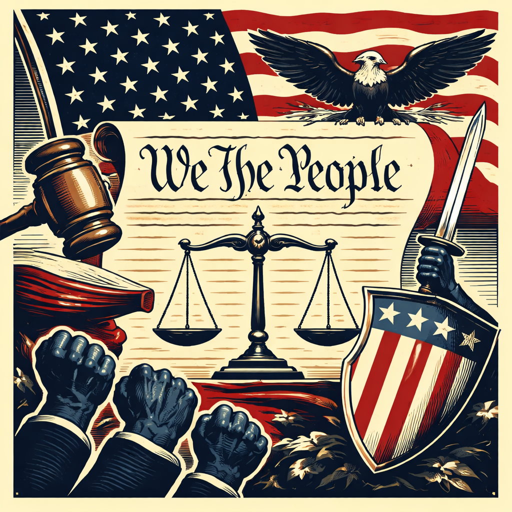 Ballot box wrapped in the U.S. Constitution with an ID card overlay, symbolizing election integrity and voter identification laws.