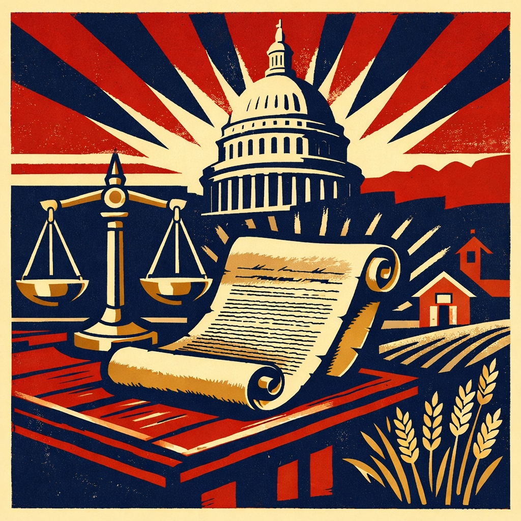 Symbolic illustration of the U.S. Constitution, scales of justice, and Capitol building at sunrise representing constitutional conservatism, policy reform, and restoring common sense in government.