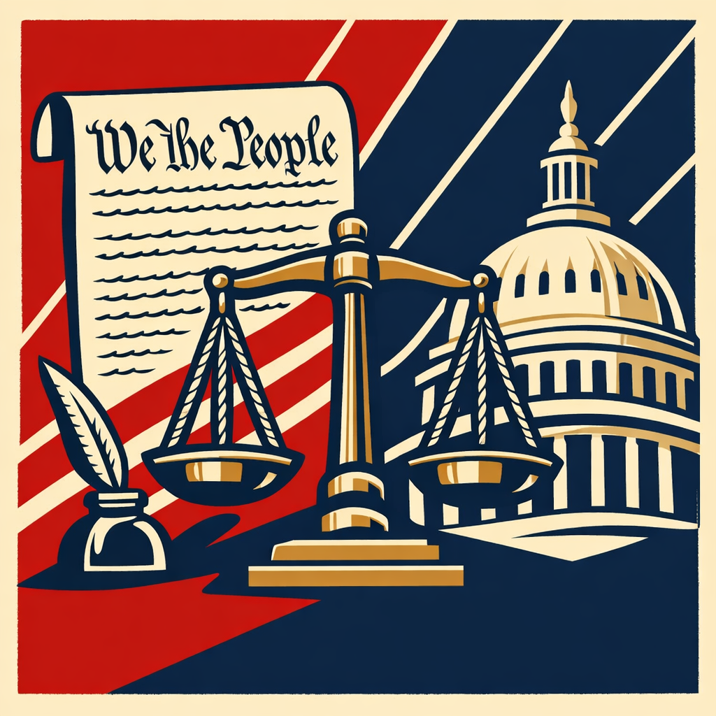 Illustration of the U.S. Constitution, scales of justice, and Capitol dome symbolizing limited government and the balance of power in America.