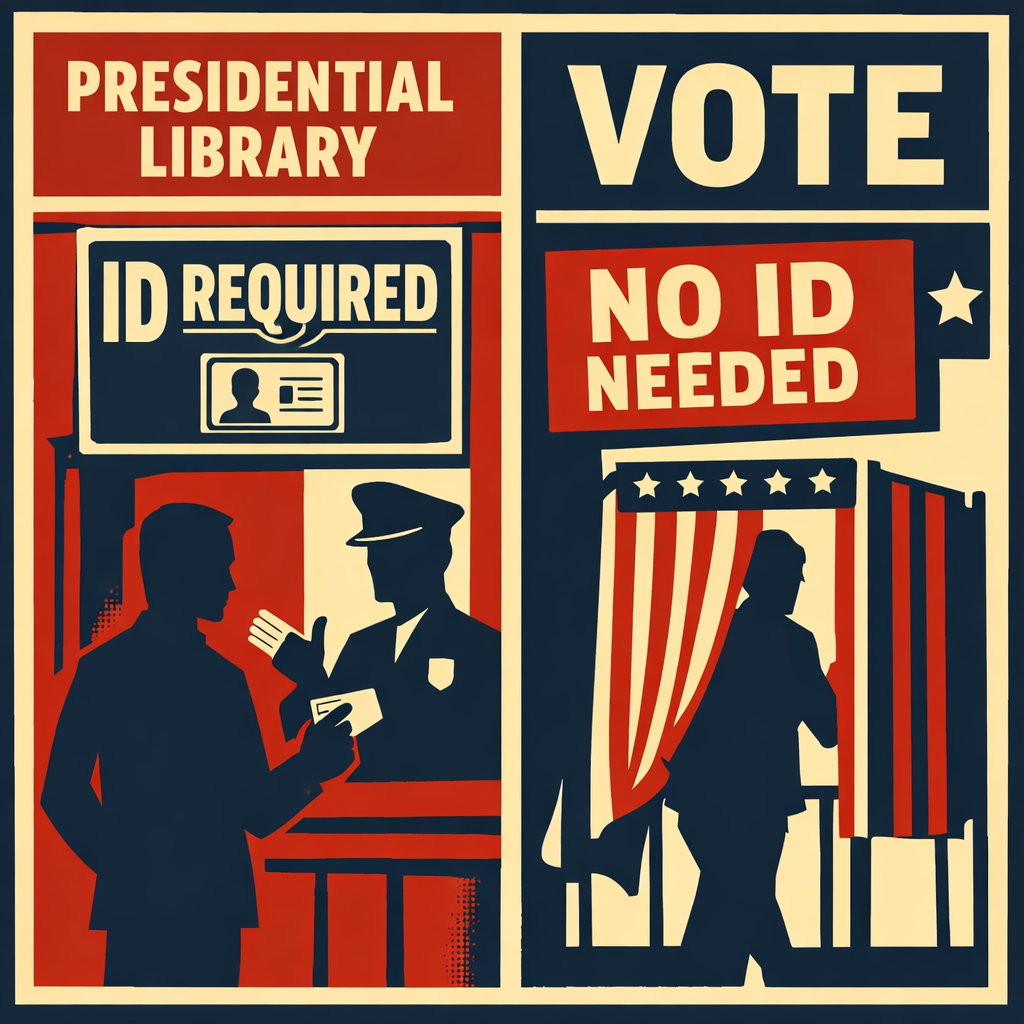 Illustration showing a museum entrance requiring ID for entry contrasted with a voting booth allowing access without identification, highlighting a political double standard.