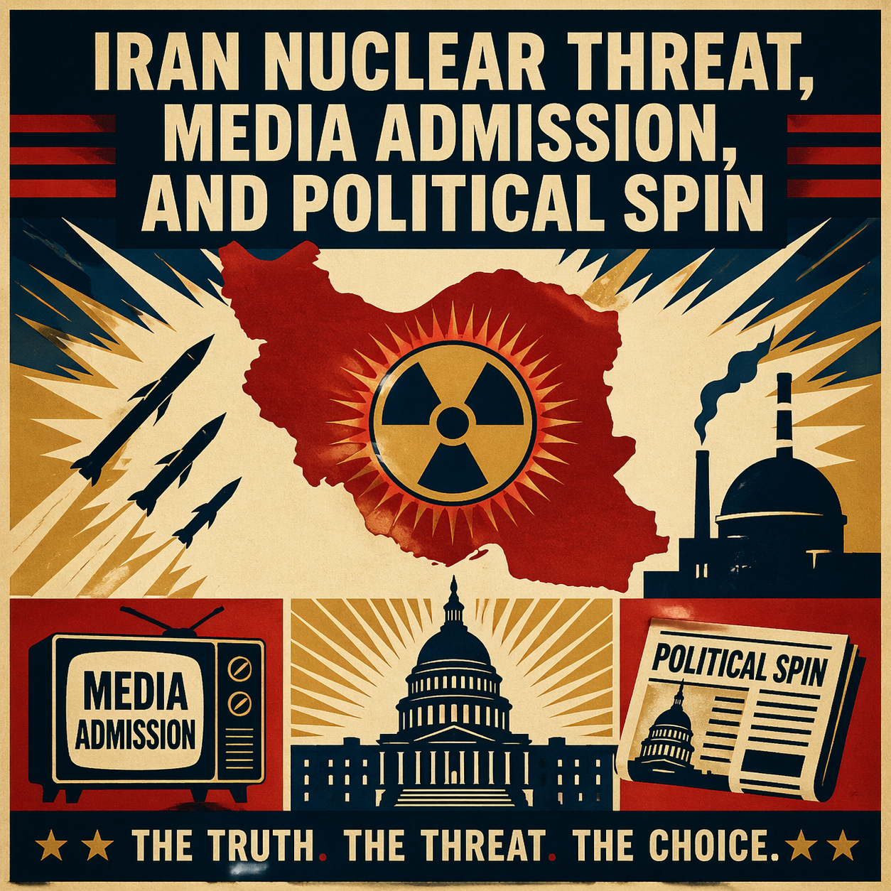 Abstract graphic showing Iran with nuclear warning symbols and radar signals representing the growing nuclear threat and geopolitical tension