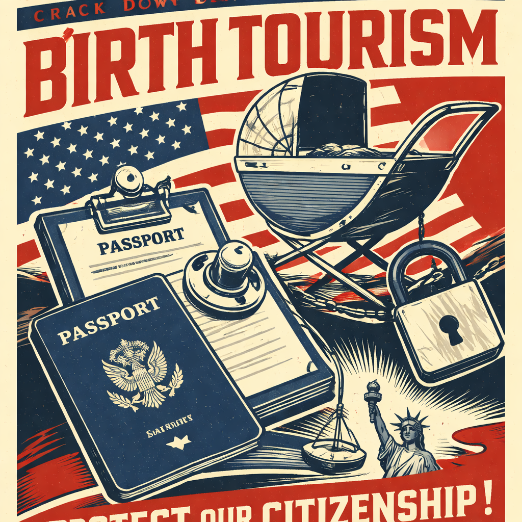 Illustration depicting the concept of birth tourism, with patriotic American symbols and imagery representing citizenship, law, and immigration policy debates.