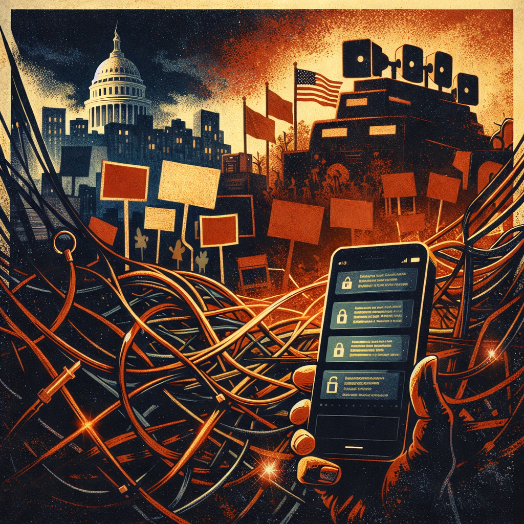 Abstract illustration representing coordinated left-wing activism, encrypted Signal chats, media propaganda, and anti-ICE operations.