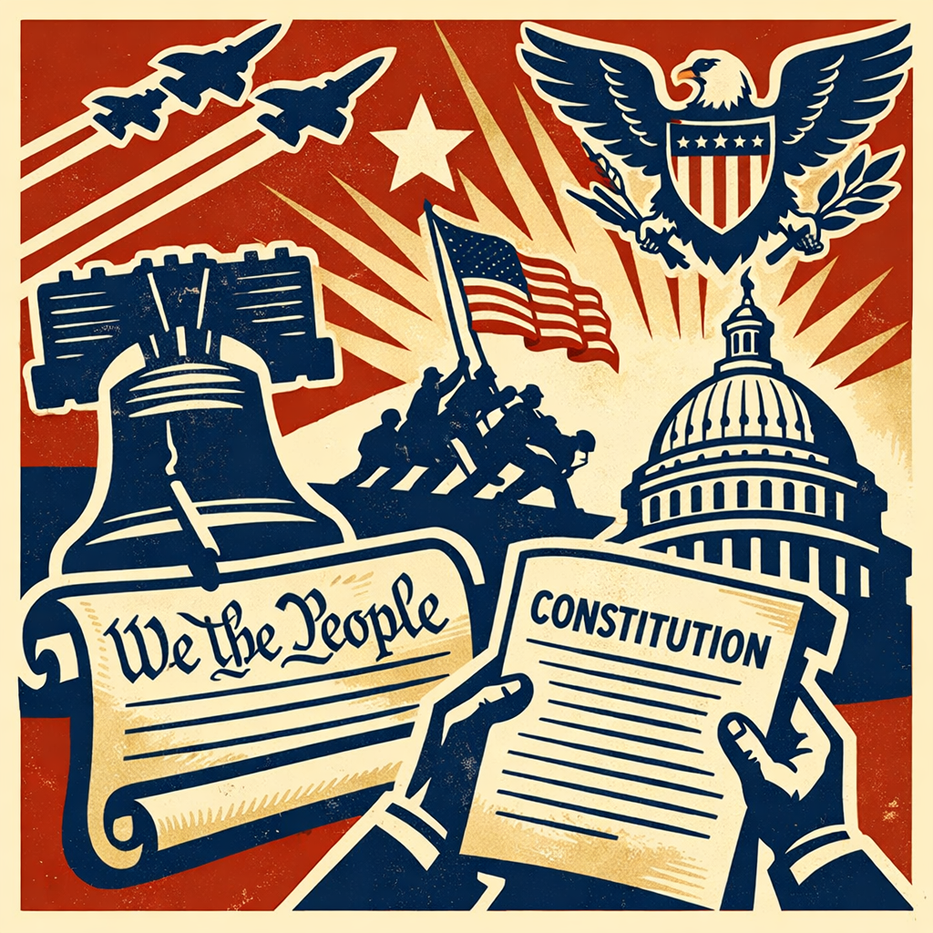 Mid-century American political poster illustration symbolizing constitutional liberty, rule of law, and conservative hope for America in 2026.