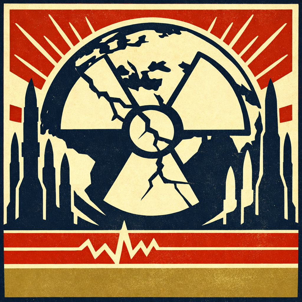 Abstract image of nuclear symbol and missiles representing Iran nuclear tensions and global security concerns.