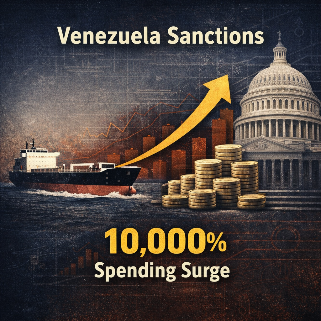Abstract illustration showing an oil tanker, U.S. Capitol dome, and upward arrow symbolizing Venezuela sanctions and massive growth in U.S. government spending.