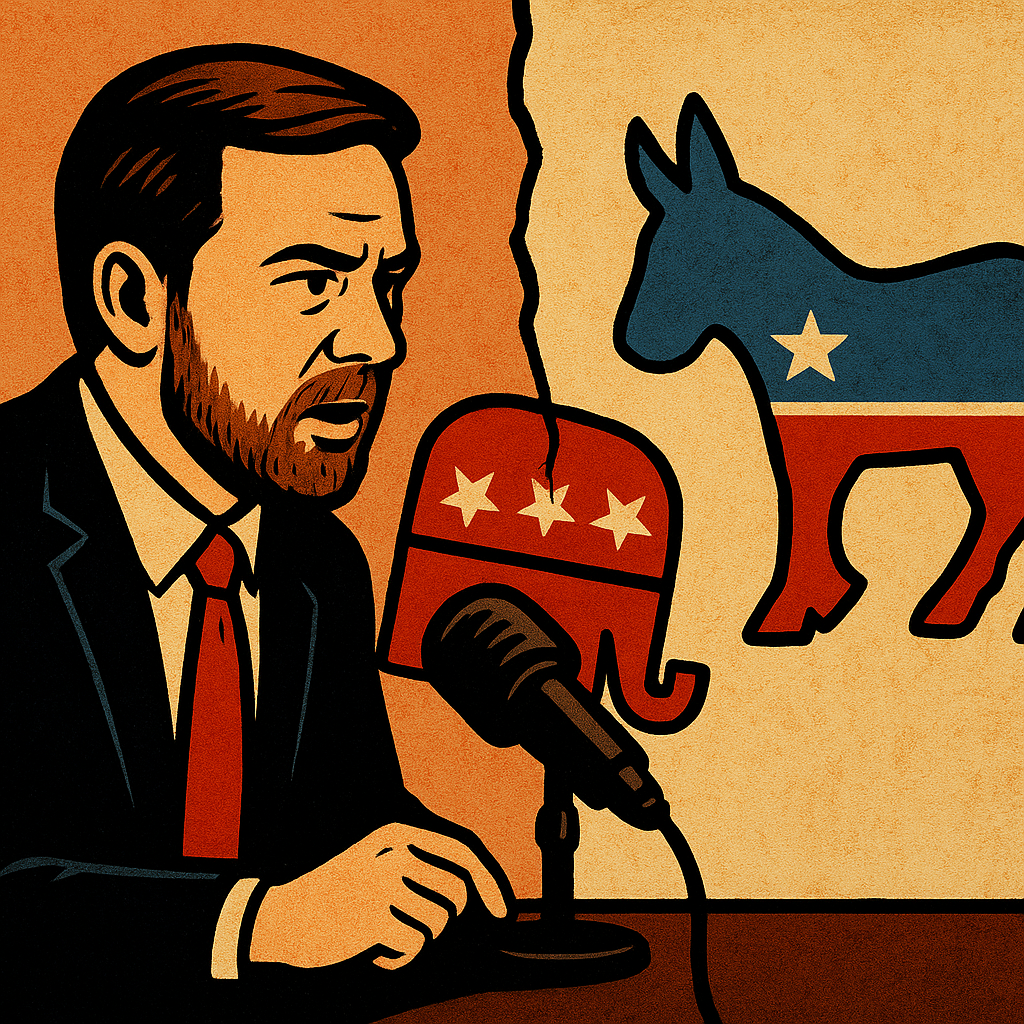Illustration showing Todd Huff at a microphone with symbolic images of a divided Republican elephant and Democrat donkey, representing America’s political divide and the shift within the Democrat Party.