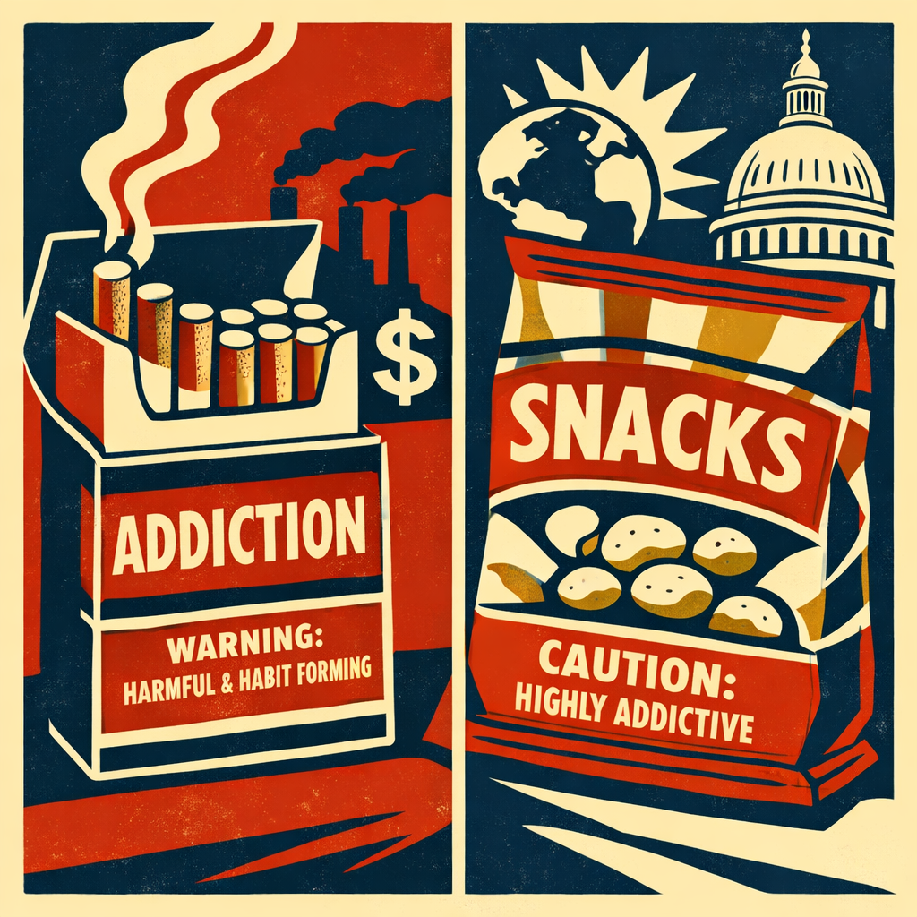 Illustrated comparison of a cigarette pack and a brightly colored ultra-processed snack bag, highlighting similarities in engineered addiction and corporate influence.