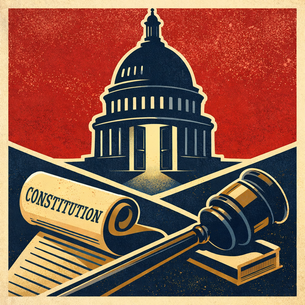 Mid-century poster-style illustration of the U.S. Capitol with symbolic constitutional imagery representing January Sixth testimony and due process.