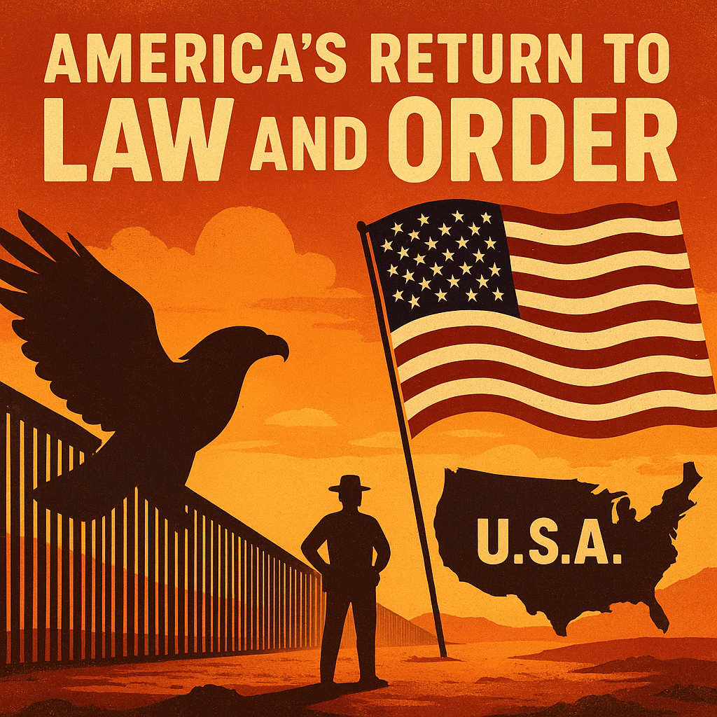 Illustrated image showing an American border scene symbolizing law, order, and national sovereignty under President Trump’s immigration policies.
