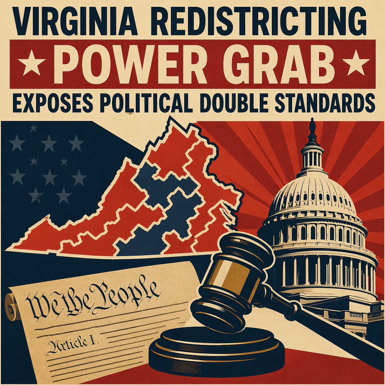 Abstract illustration of Virginia redistricting with distorted congressional maps, symbolizing political conflict and constitutional debate.